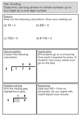 Mastery Maths - Dividing - Objective: use long division to divide numbers up to four digits