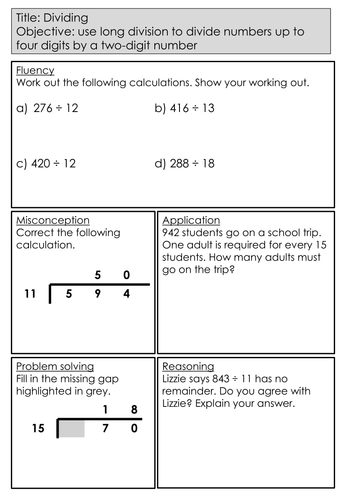 Mastery Maths - Dividing - Objective: use long division to divide numbers up to four digits
