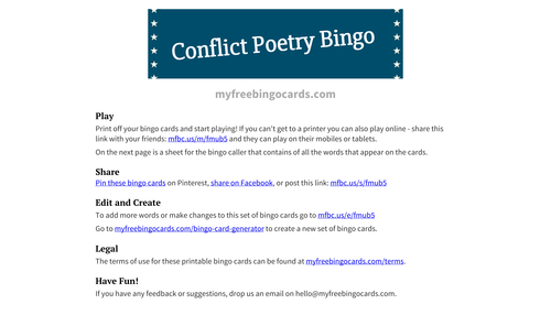 Conflict Poetry Bingo Edexcel 1-9