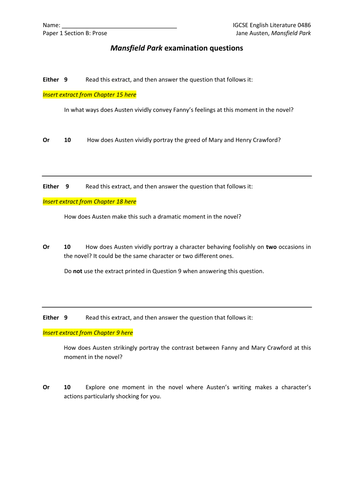 'Mansfield Park' examination style questions