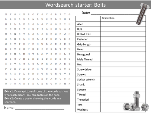 Design Technology Tools Bolts KS3 GCSE Wordsearch Crossword Alphabet Keyword Starter Cover
