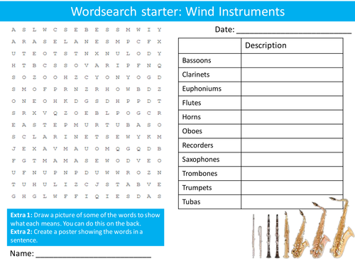Music Wind Instruments Wordsearch Crossword Anagrams Music Keyword Starters Homework Cover Lesson