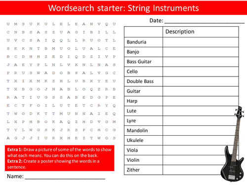 Music String Instruments Wordsearch Crossword Anagrams Music Keyword Starters Homework Cover Lesson