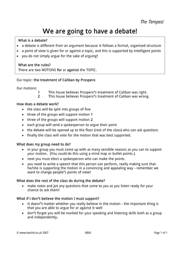 Caliban and Prospero Debate Handout