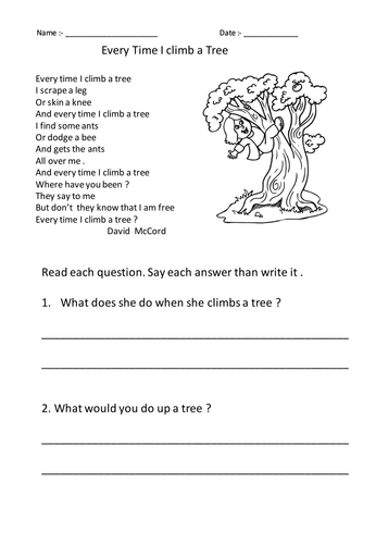 Rhyming words poem with comprehension