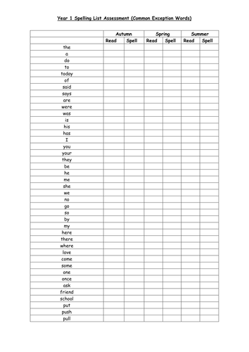 Year 1 Spelling Common Exception Words Assessment