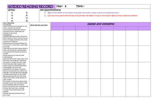 Year 6 Guided Reading Planner