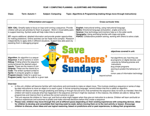Year 1 Computing Algorithms and Programming Planning and Resources