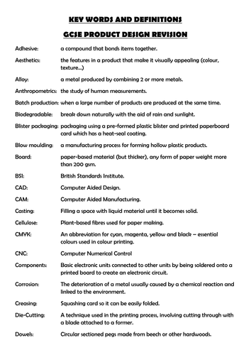 Product Design Key Words Terminology