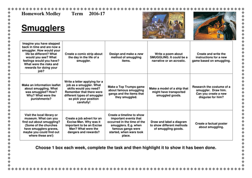 Smugglers Topic- Homework Medley Sheet- KS2