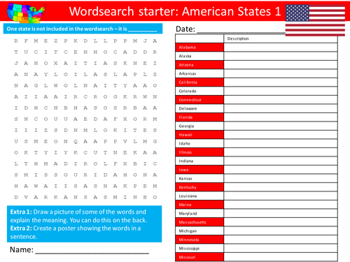 Geography American States 1 KS3 GCSE Wordsearch Crossword Anagram Alphabet Keyword Starter Cover