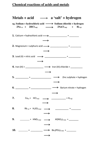 Acid and metals chemical equations