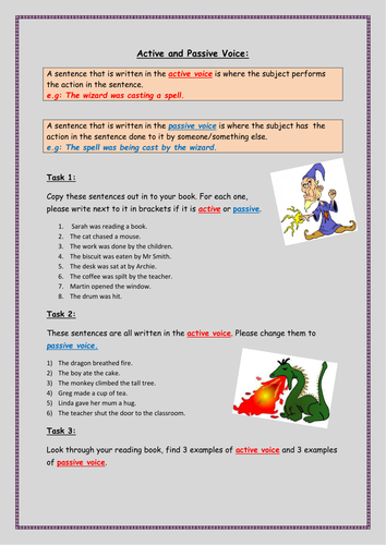 KS2- Active and Passive Voice activity sheet (3 different tasks