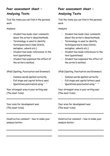 English: Peer Assessment sheets KS3