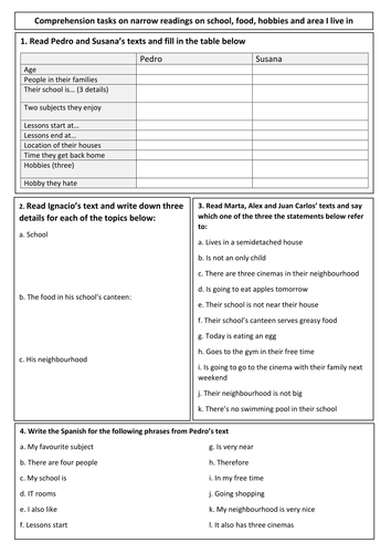 year 7 spanish narrow reading texts with comprehension tasks across