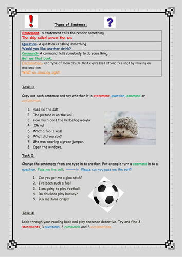 types of sentence command question statement exclamation ks2 grammar worksheet teaching resources