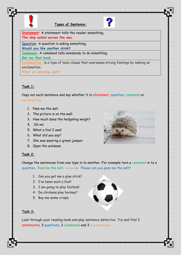 Types of Sentence- Command, Question, Statement, Exclamation KS2 Grammar worksheet