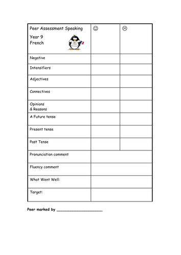 Peer Assessment form - Year 9 French