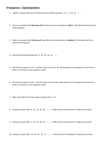 More challenging linear sequences questions aimed at Y7 mid-high ability.