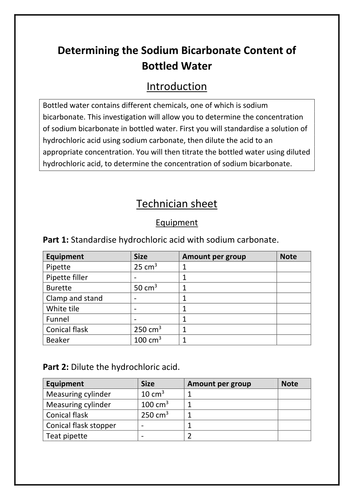 Experiment: Determining the Sodium Bicarbonate Content of Bottled Water (BTEC Unit 19 Assignment A)