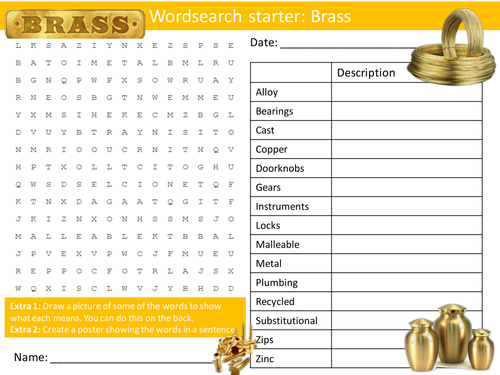 Design Technology Materials Brass KS3 GCSE Wordsearch Crossword Alphabet Keyword Starter Cover