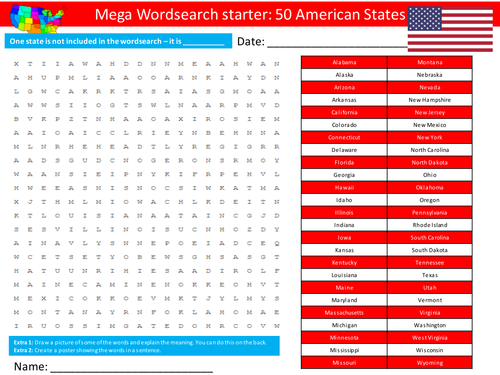 Geography American States 1&2 KS3 GCSE Wordsearch Crossword Anagram Alphabet Keyword Starter Cover