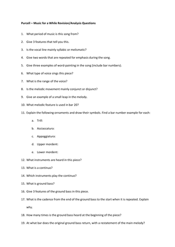 Edexcel GCSE Music (9-1) Purcell: Music for a While Revision/Analysis Questions