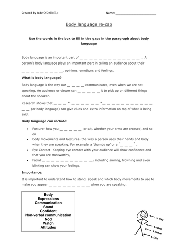 Entry Level 3, Level 1 and 2 body language gap fill for SLC element