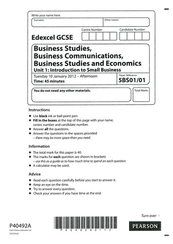 Edexcel GCSE Business Studies Unit 1: Introduction to Small Business Beat the Teacher Jan 2012