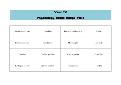 Key Term Bingo quiz