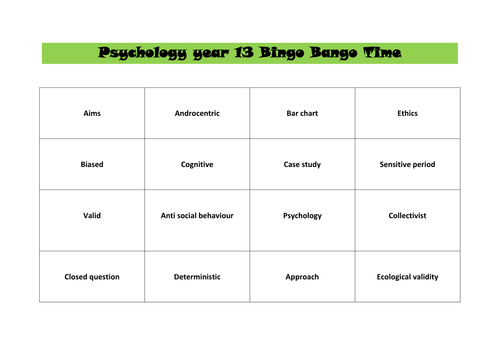 Year 13 key term bingo quiz