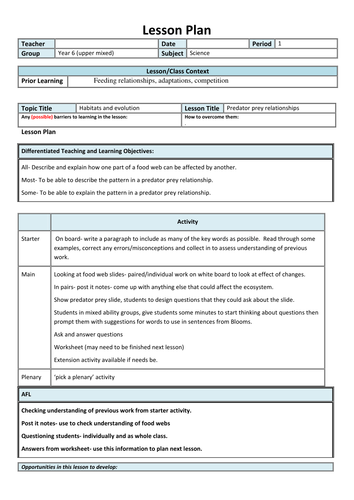 Upper Ks2/kS3 predator prey relationships with Blooms questionning