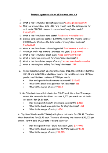 Edexcel GCSE Business Unit 3.3 Breakeven and Profit questions ...