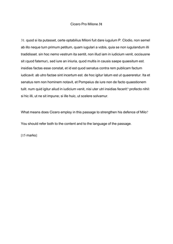 Year 12 Latin OCR Pro Milone 15-mark question with sample answer