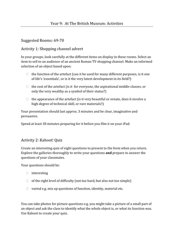 Activity Pack to go 'worksheet-less' for a Classics trip to the British Museum