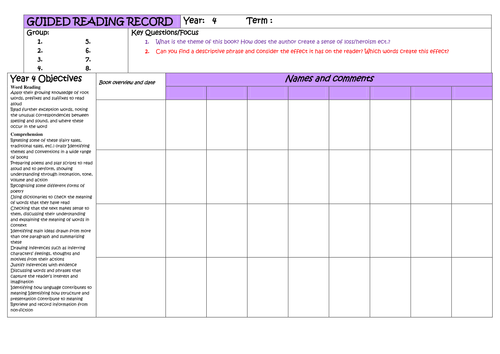 Year 4 Guided Reading Planner