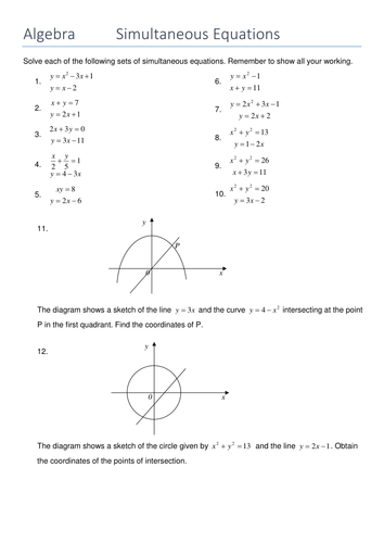 Simultaneous equations with one linear and one quadratic equation.