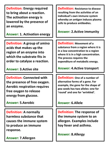 AQA AS Biology - QUiz quiz trade cards - full glossary