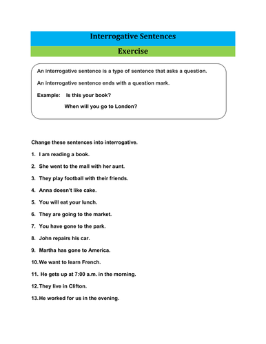 Exercise Of Interrogative Sentences With Answer Key Teaching Resources