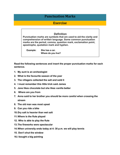 Exercise of Punctuation Marks with Answer Key