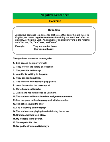 Exercise of Negative Sentences with Answer Key