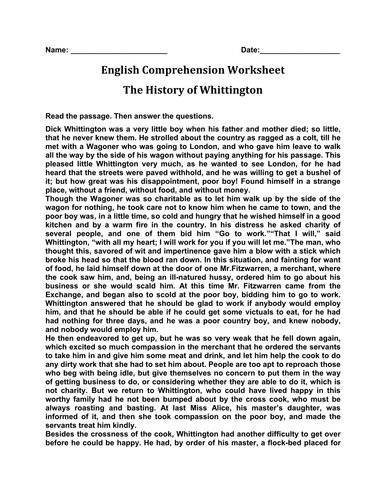 English Comprehension Worksheet 'The History of Whittington'