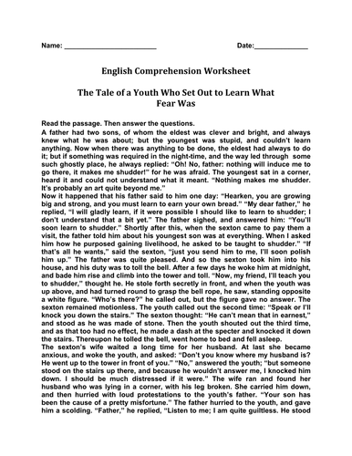 English Comprehension Worksheet ' The Tale of a Youth Who Set out to Learn What Fear Was'