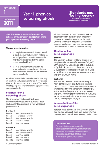 Year 1 Phonics Screening Test Materials from 2011, 2015 & 2016 QCA