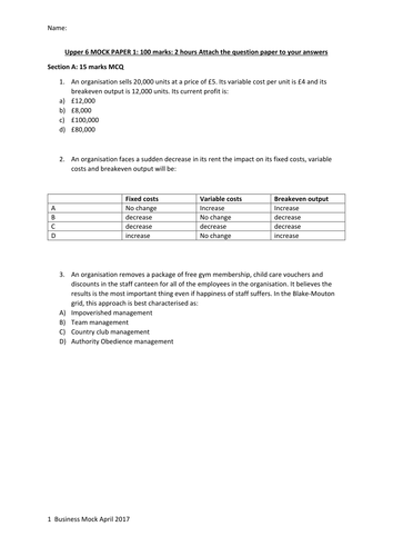 AQA Business  Mock Exam Paper Paper 1 style