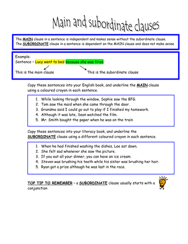 Main and Subordinate clauses worksheet