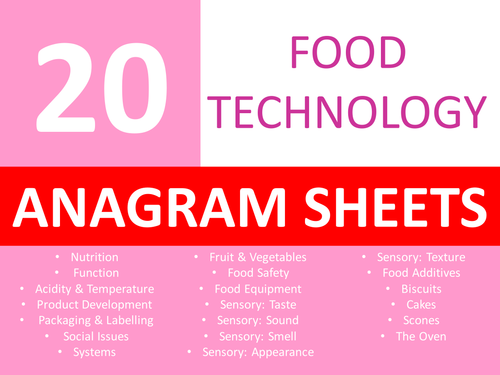 20 Food Technology Anagram Sheets Keyword Starters Cover Lesson Homework Plenary