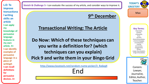 Transactional Writing- writing a lively article. Lesson for KS4