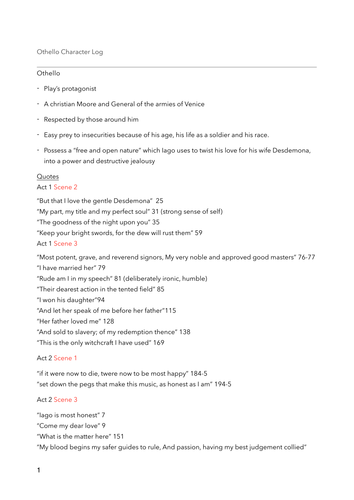 Othello Quotes and Key Notes on Characters