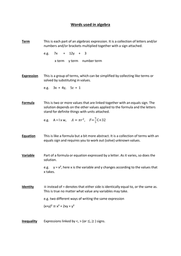 Algebra - Key Words Matching Activity